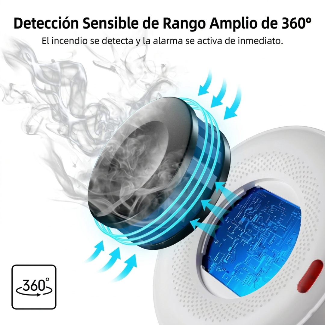 Sensor de humo con detección de 360 ° y alarma de 80dB WIFI 2,4 Ghz