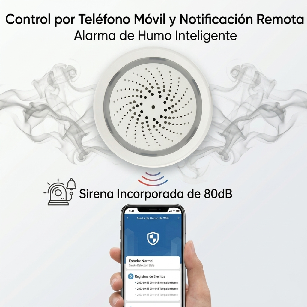 Sensor de humo con detección de 360 ° y alarma de 80dB WIFI 2,4 Ghz