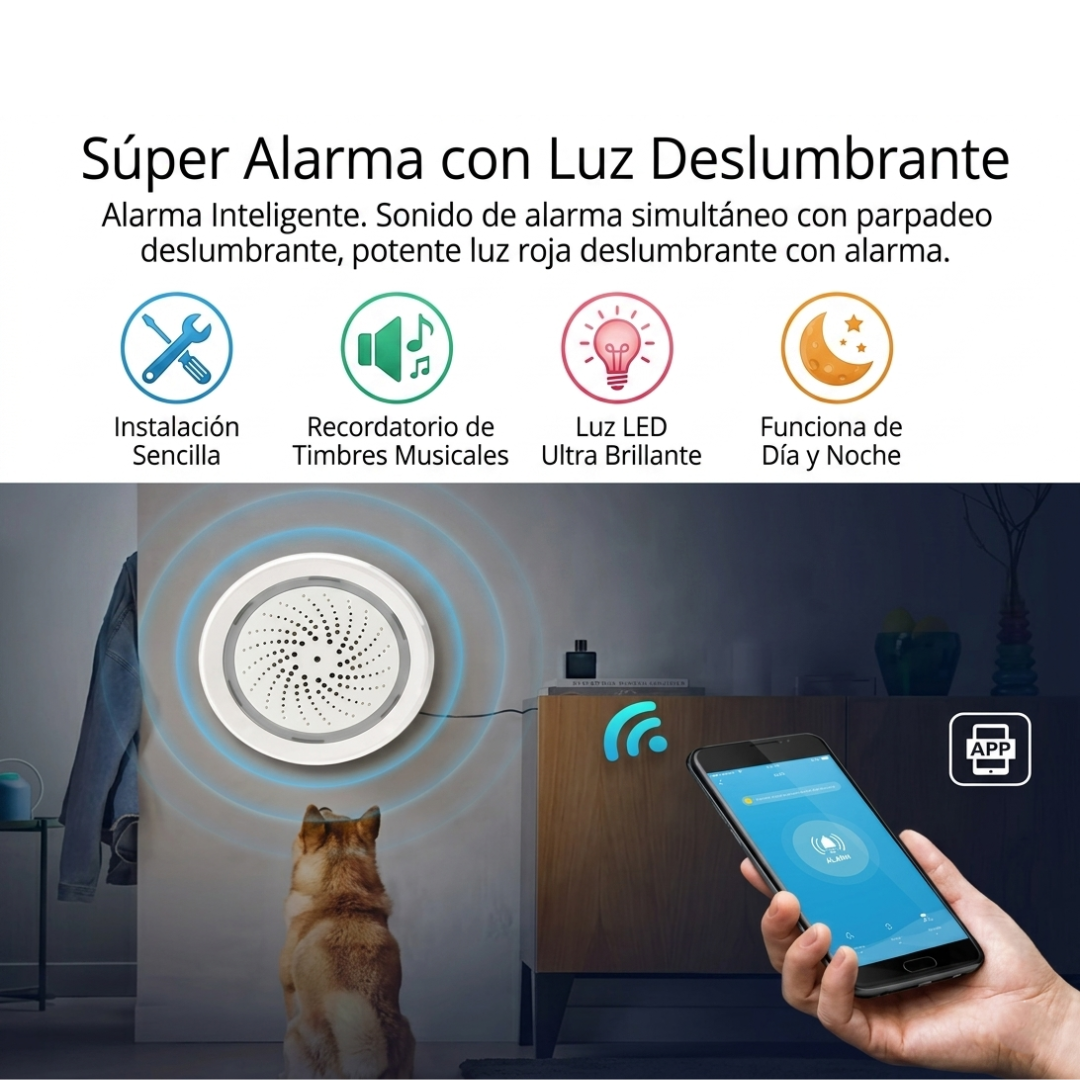 Sirena Inteligente Wi-Fi (100-120dB con Respaldo de Batería)