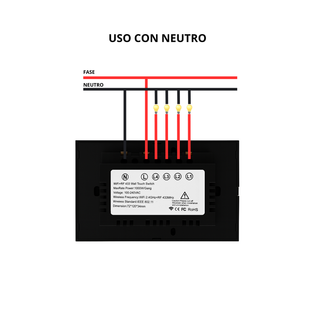 Interruptor inteligente 4 Botones Color Negro