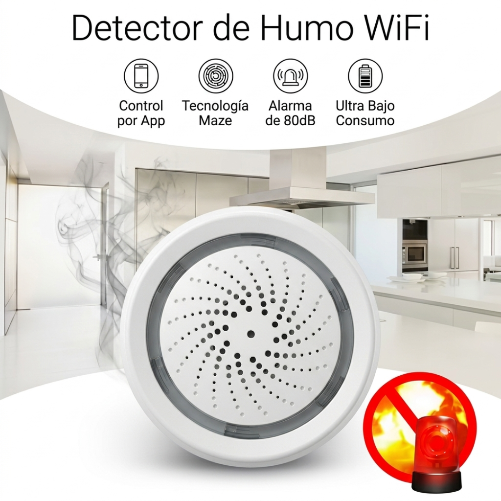 Sensor de humo con detección de 360 ° y alarma de 80dB WIFI 2,4 Ghz